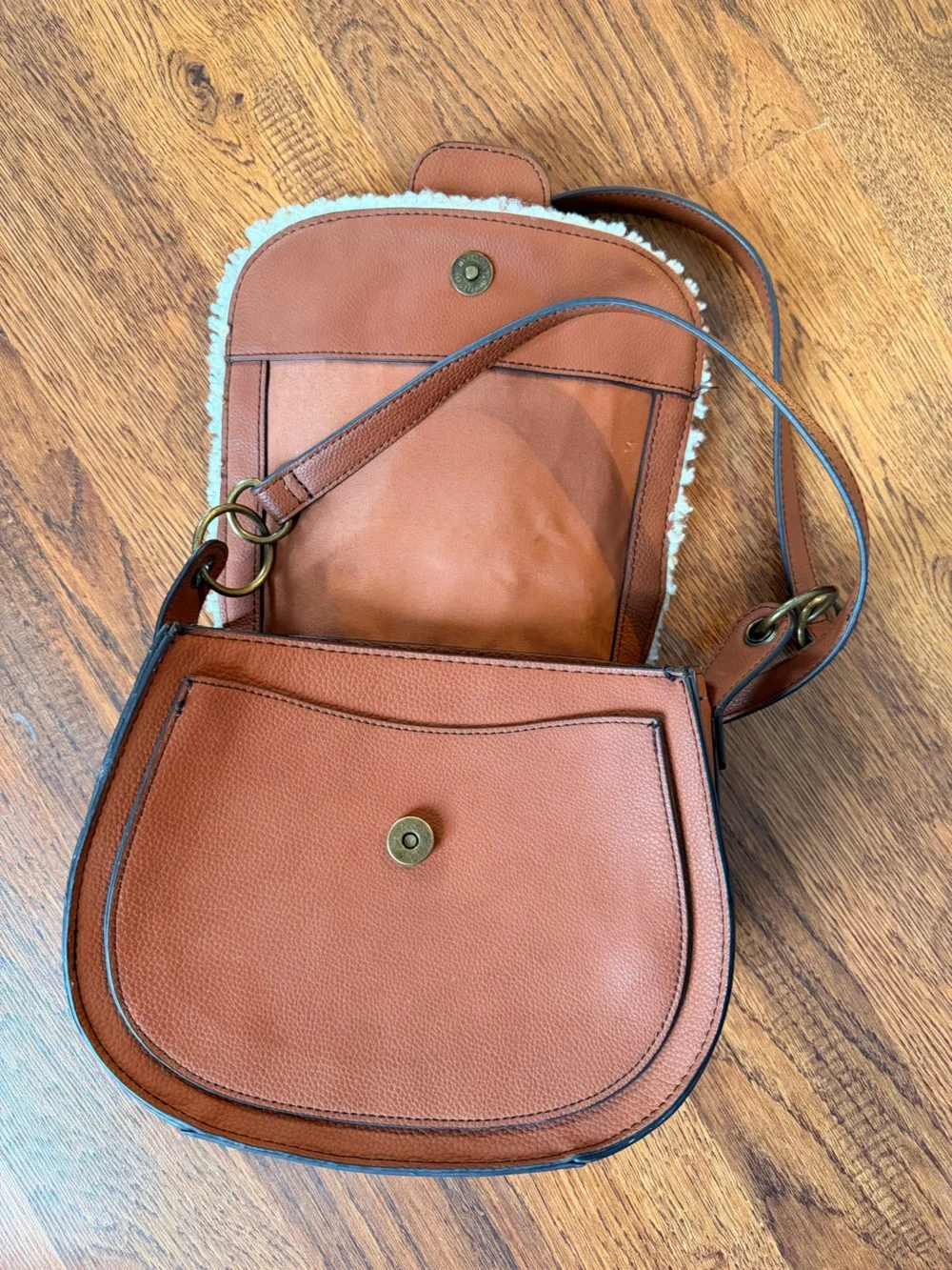 A.n.a Shearling Accent Brown Crossbody Bag with Gold Ring Detail